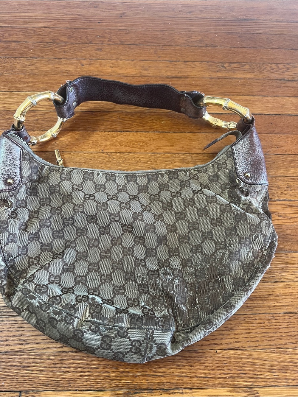 Gucci Brown GG Supreme Canvas Shoulder Bag with Bamboo-Style Handles